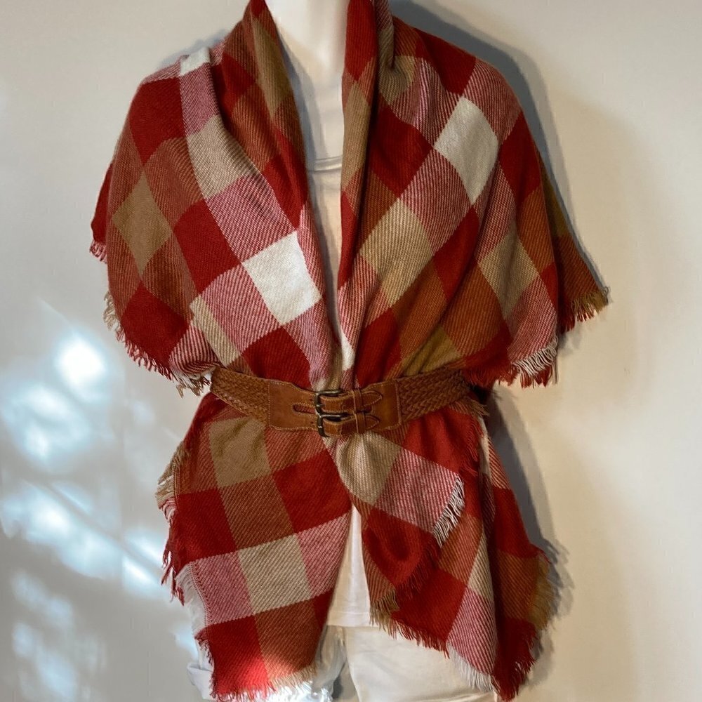 Scarf or Wrap Oversized Red & Camel color block plaid large soft comfy war